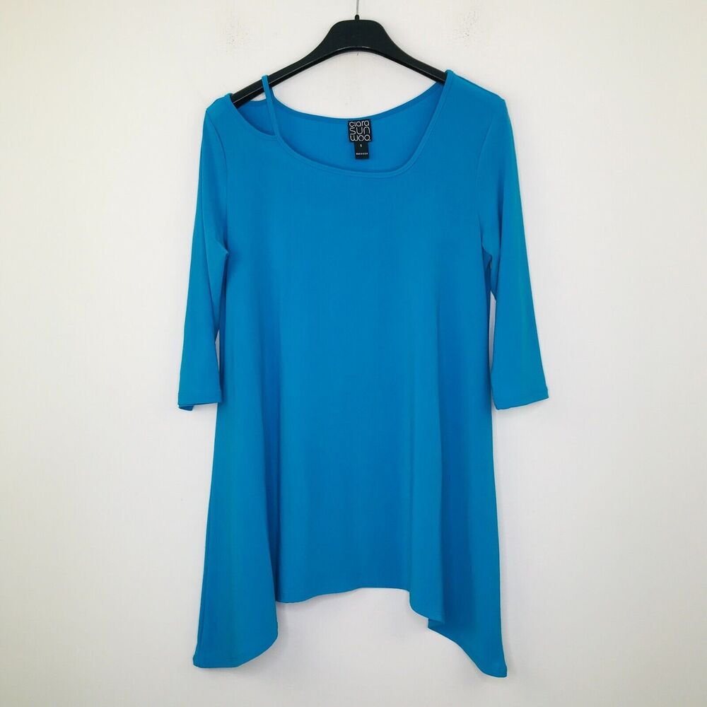 Clara Sunwoo Women's Small Tunic Blue Asymmetric Shoulder Cutout 3/4 Sleeve CN2